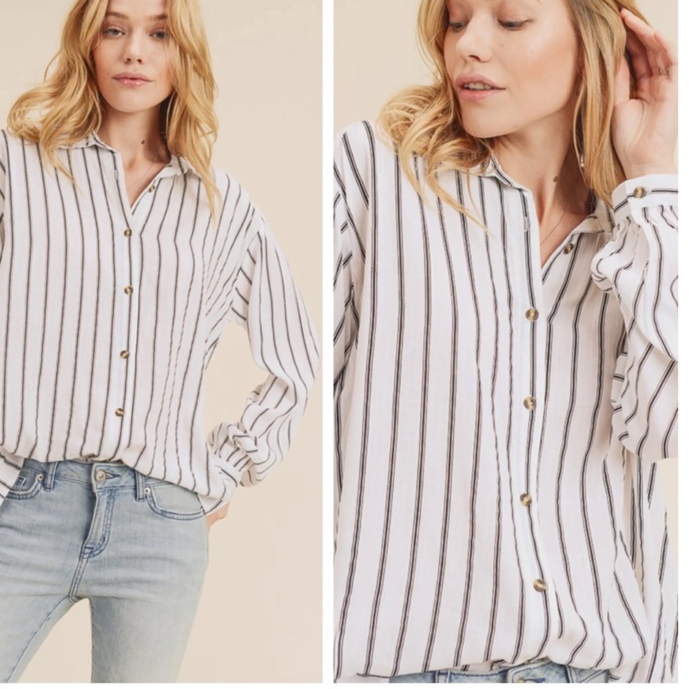 STRIPED BUTTON DOWN BACK LACE TOP - Picture 6 of 8